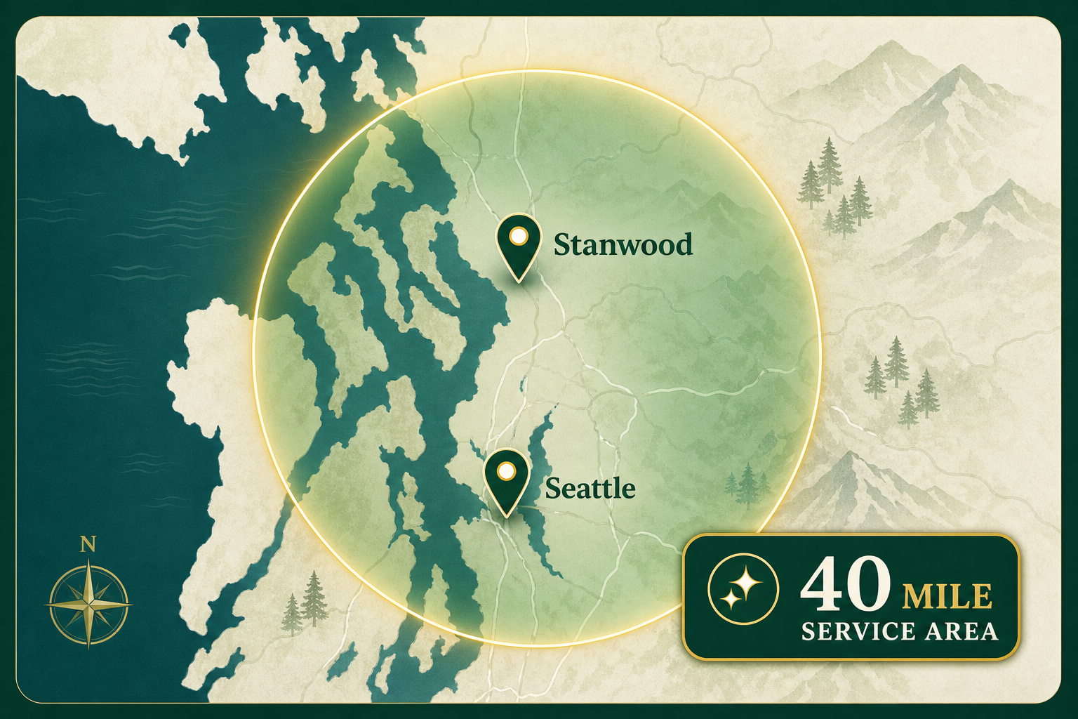 Illustrated service area map with Stanwood and Seattle markers
