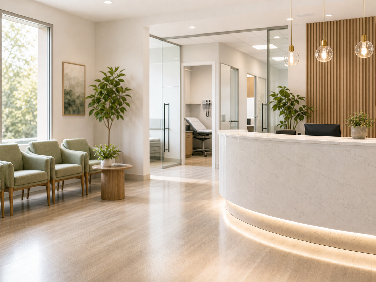 Clean medical clinic waiting area and reception space