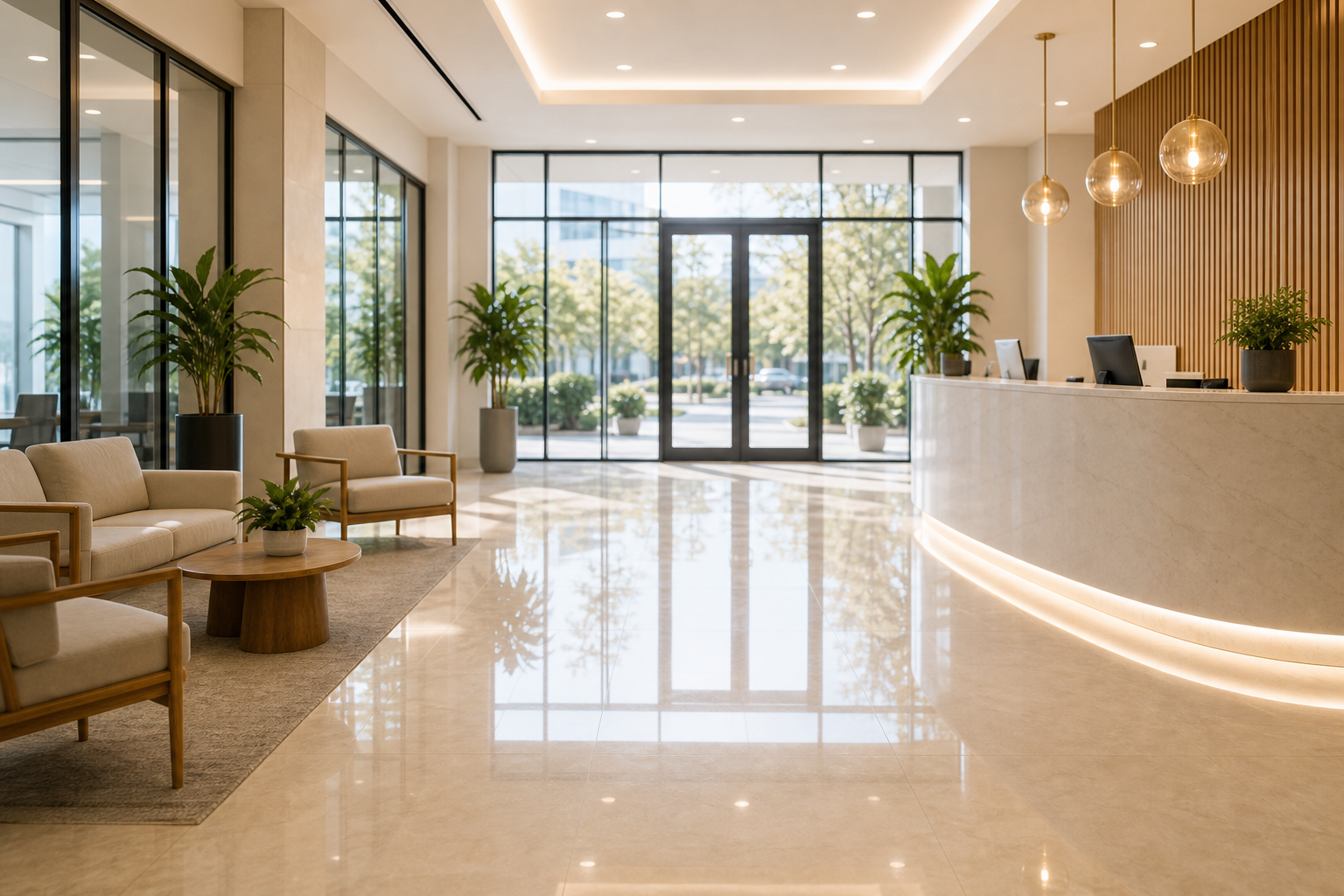 Polished commercial lobby and waiting area after professional cleaning