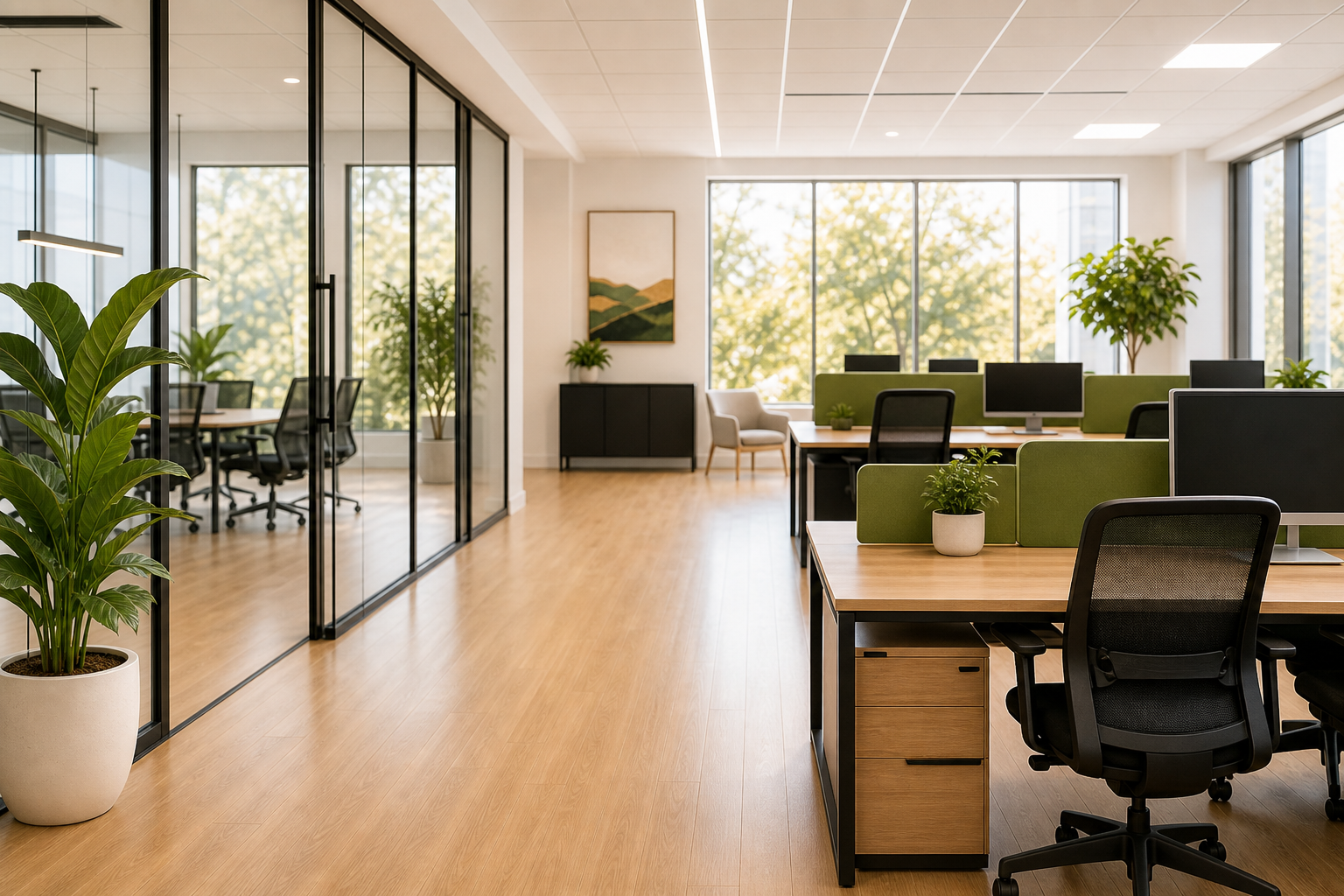 Clean modern office workspace after commercial cleaning