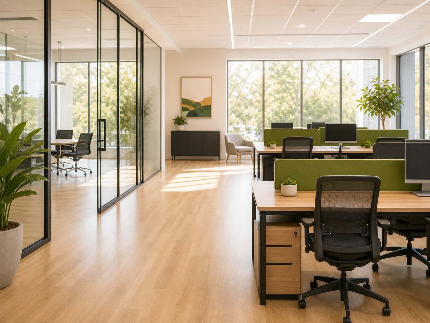 Clean modern office workspace after commercial cleaning